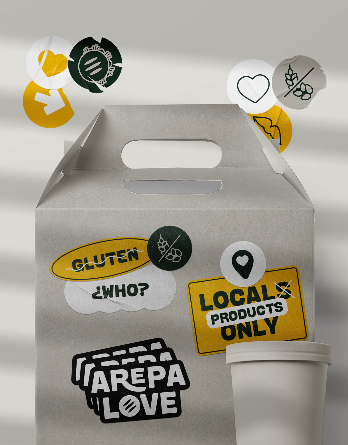 Arepa Love's takeaway box with custom stamp and stickers.